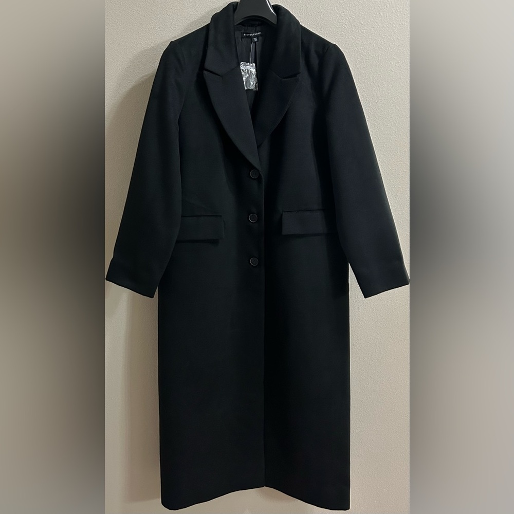 Boston Proper Full Length Tailored Coat Sz L Black City Career Night Out Elegant
